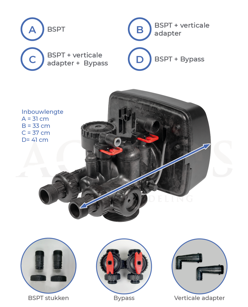 AQMOS CMX-48 waterontharder afmetingen met bypass en verticale adapters