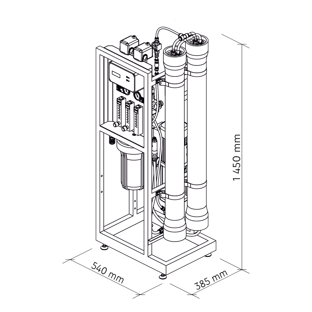 Omgekeerde osmosesysteem MO-12000 500L per uur afmetingen schematisch