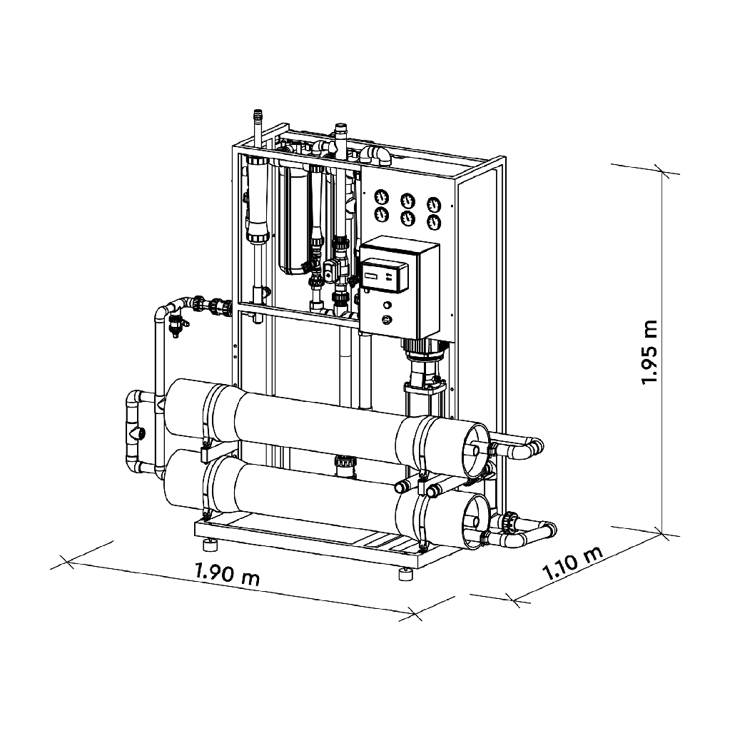 Omgekeerde osmosesysteem MO-2 2000L per uur dimmensies