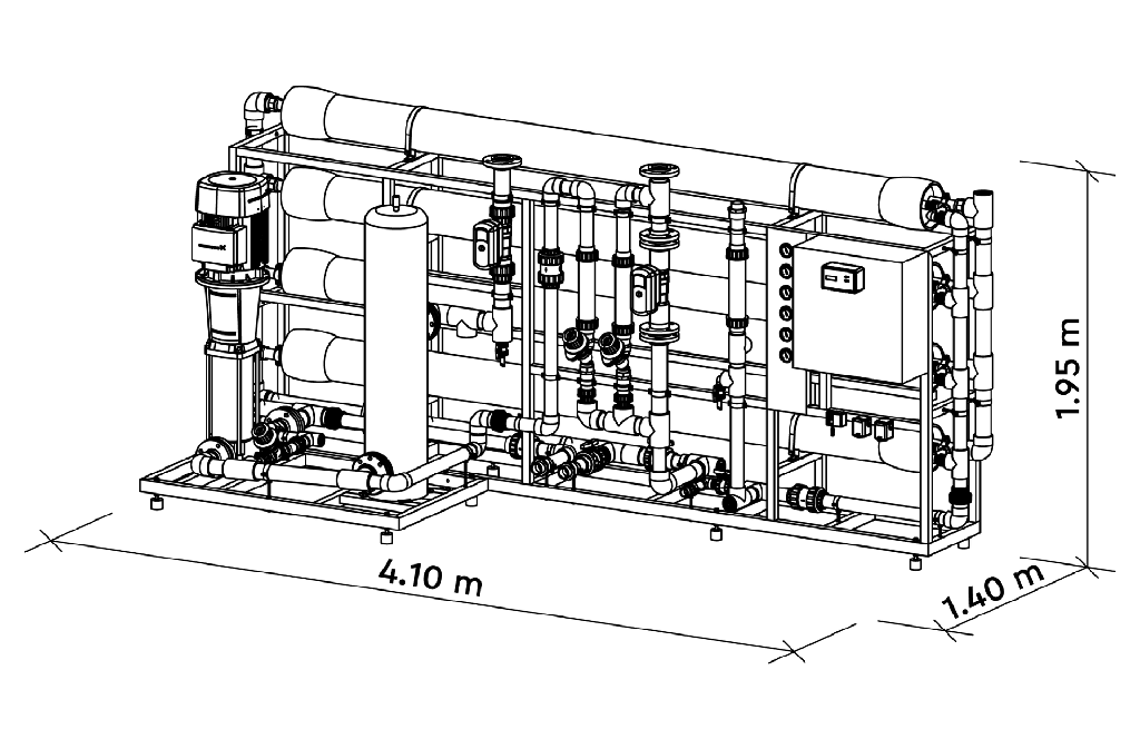 Omgekeerde osmosesysteem MO-12 12.000L per uur dimmensies