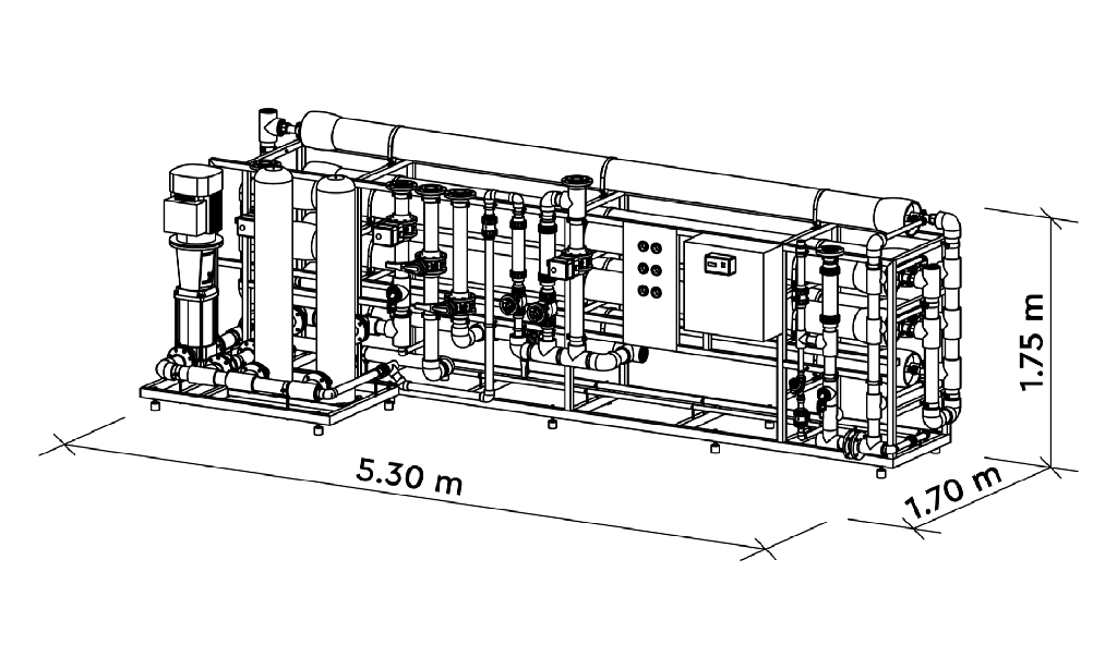 Omgekeerde osmosesysteem MO-24 24.000L per uur dimensies